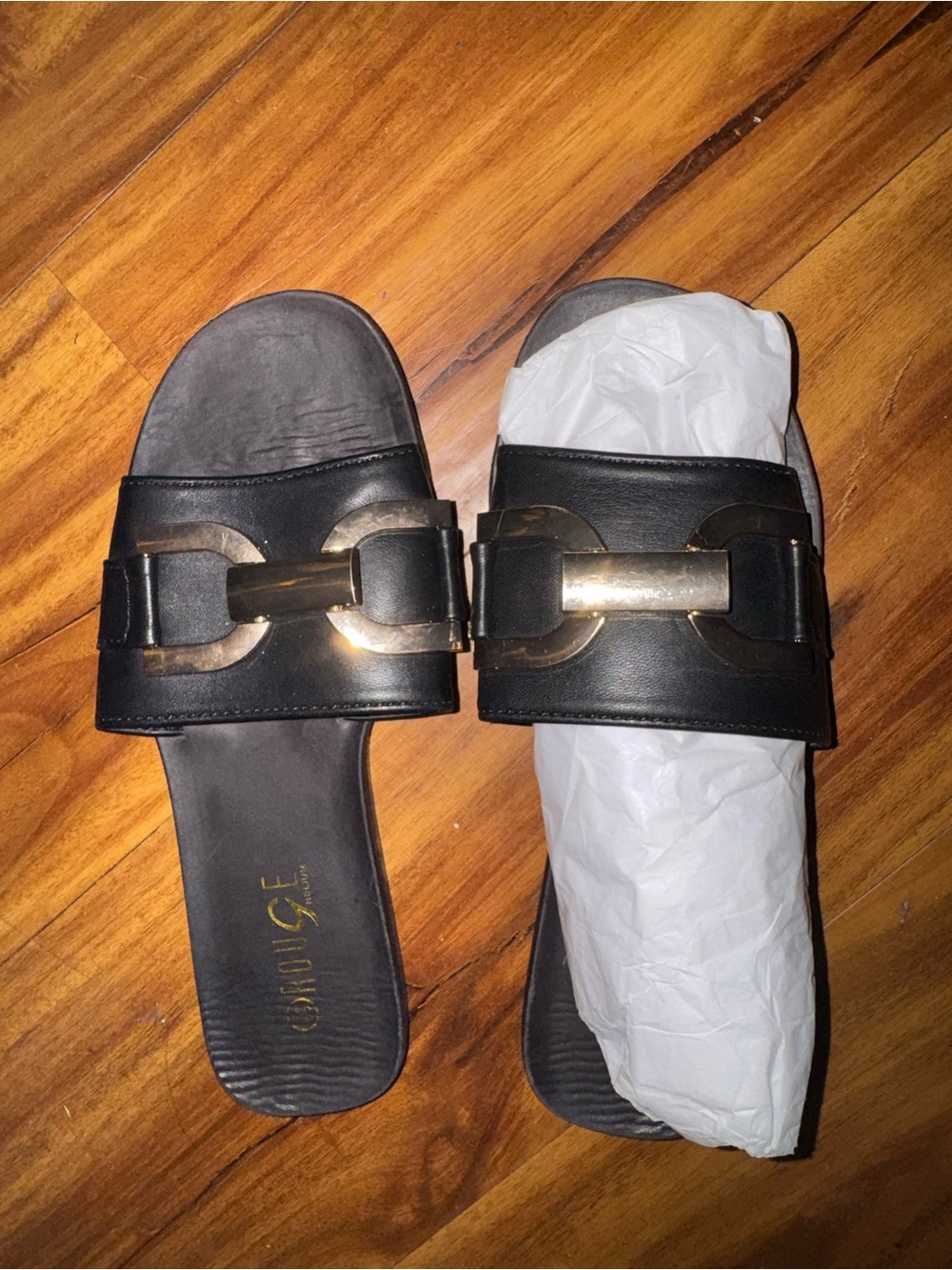 $8 Friday Rouge Helium Black Slide Mules with Gold Accent